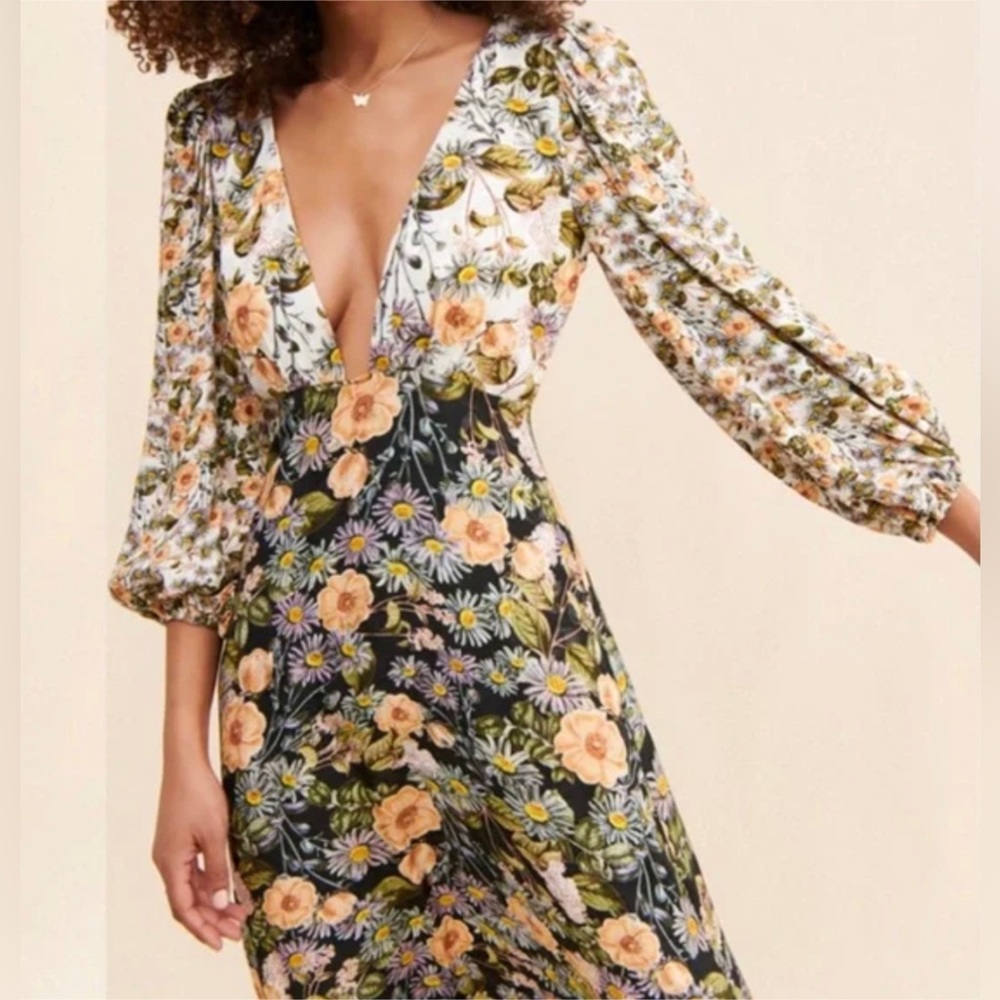 For Love & Lemons Arabella Maxi Dress Floral Plunging Neckline Long Sleeve Small